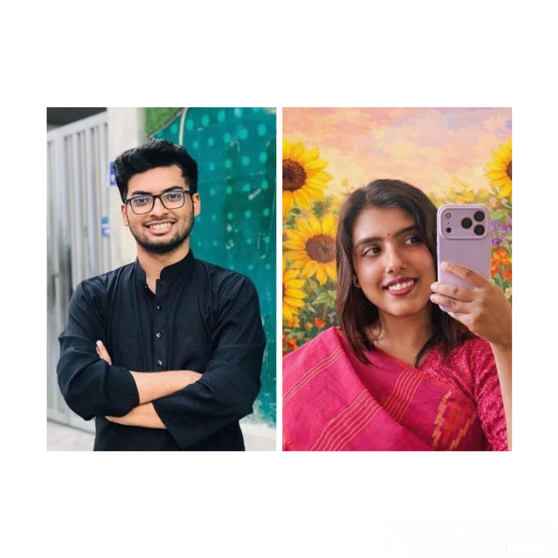Male on the left with arms crossed smiling with glasses on. Female on the right holding phone up smiling taking a photo in front of a sunflower backdrop