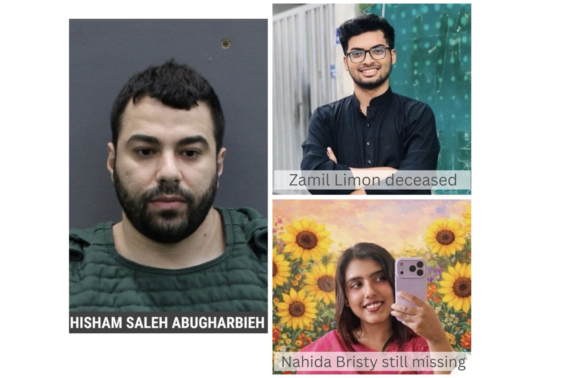 Suspect in a green vest to the left. To the right there is a male on the top arms crossed below is a girl holding phone in front of flowers smiling