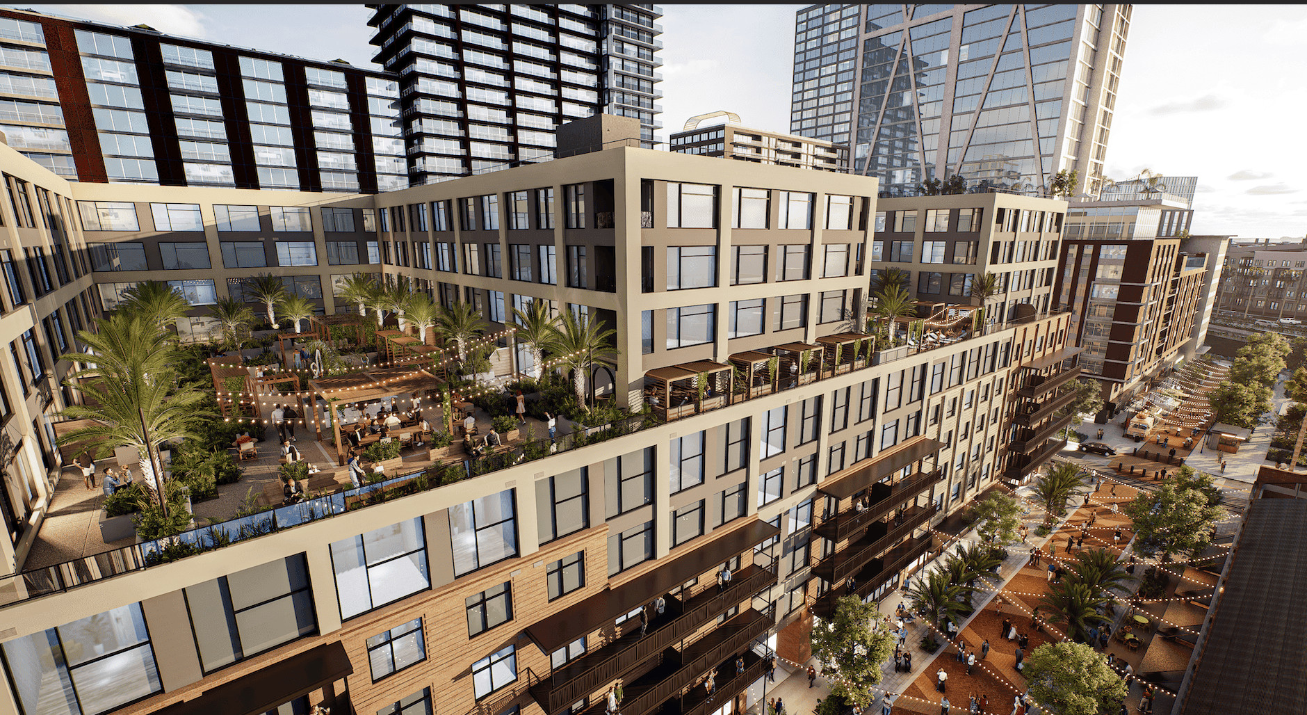 Large apartment building with a rooftop patio showing what the building will be once construction ends.