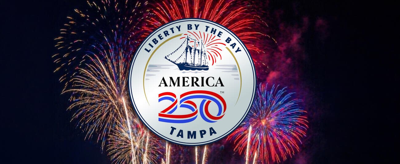 Liberty by the Bay, America 250 Tampa in front of colorful red and blue fireworks