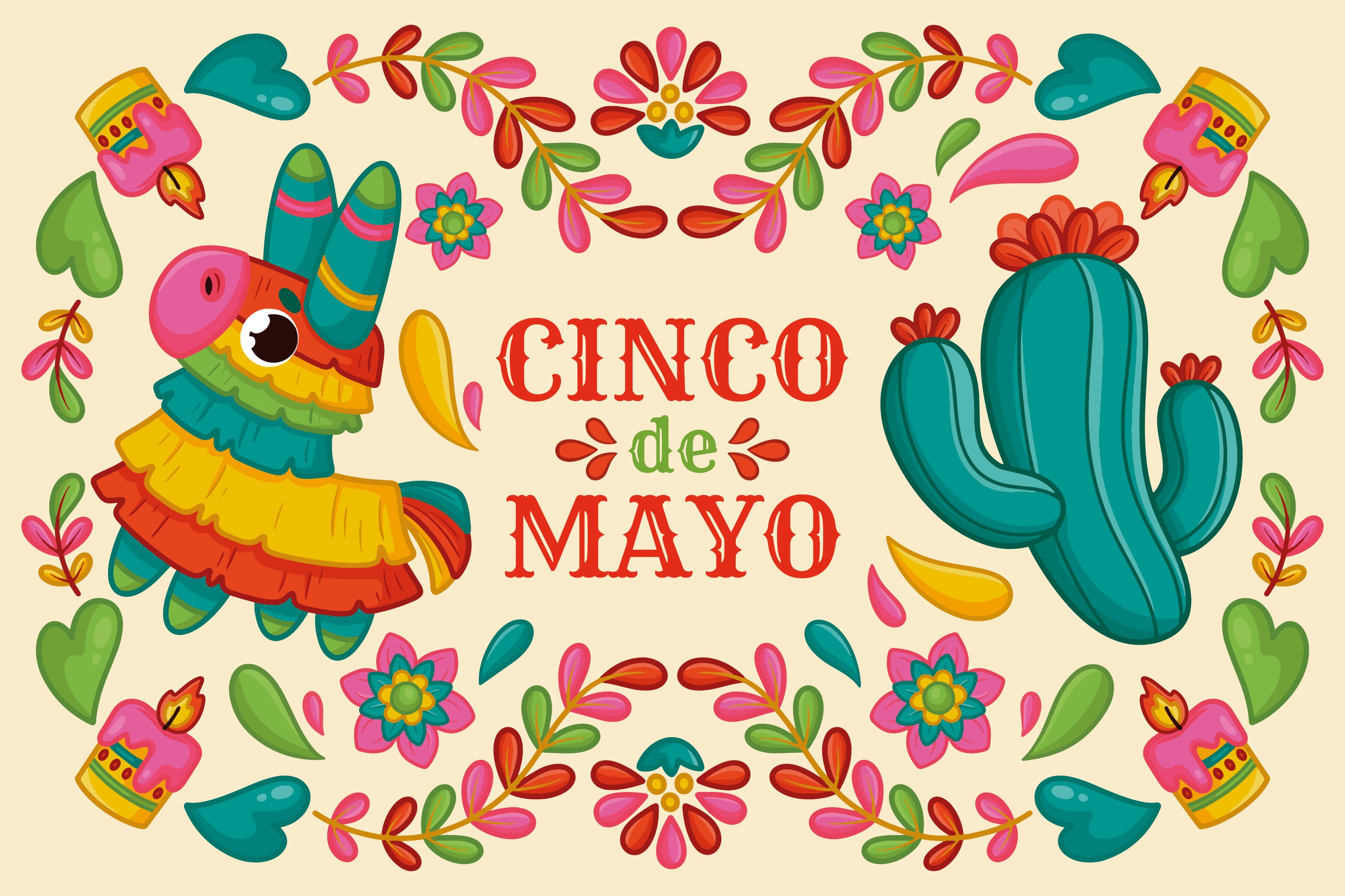 a piñata, cactus, candles and flowers are around the words Cinco De Mayo.