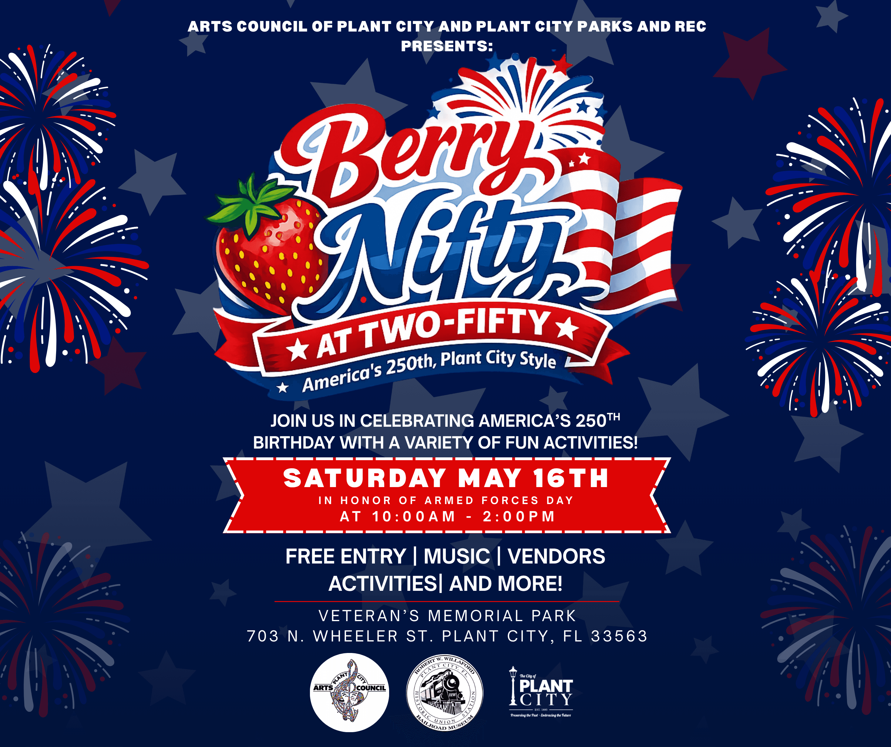 blue flyer with stars and fireworks with a large strawberry next to the words berry nifty.