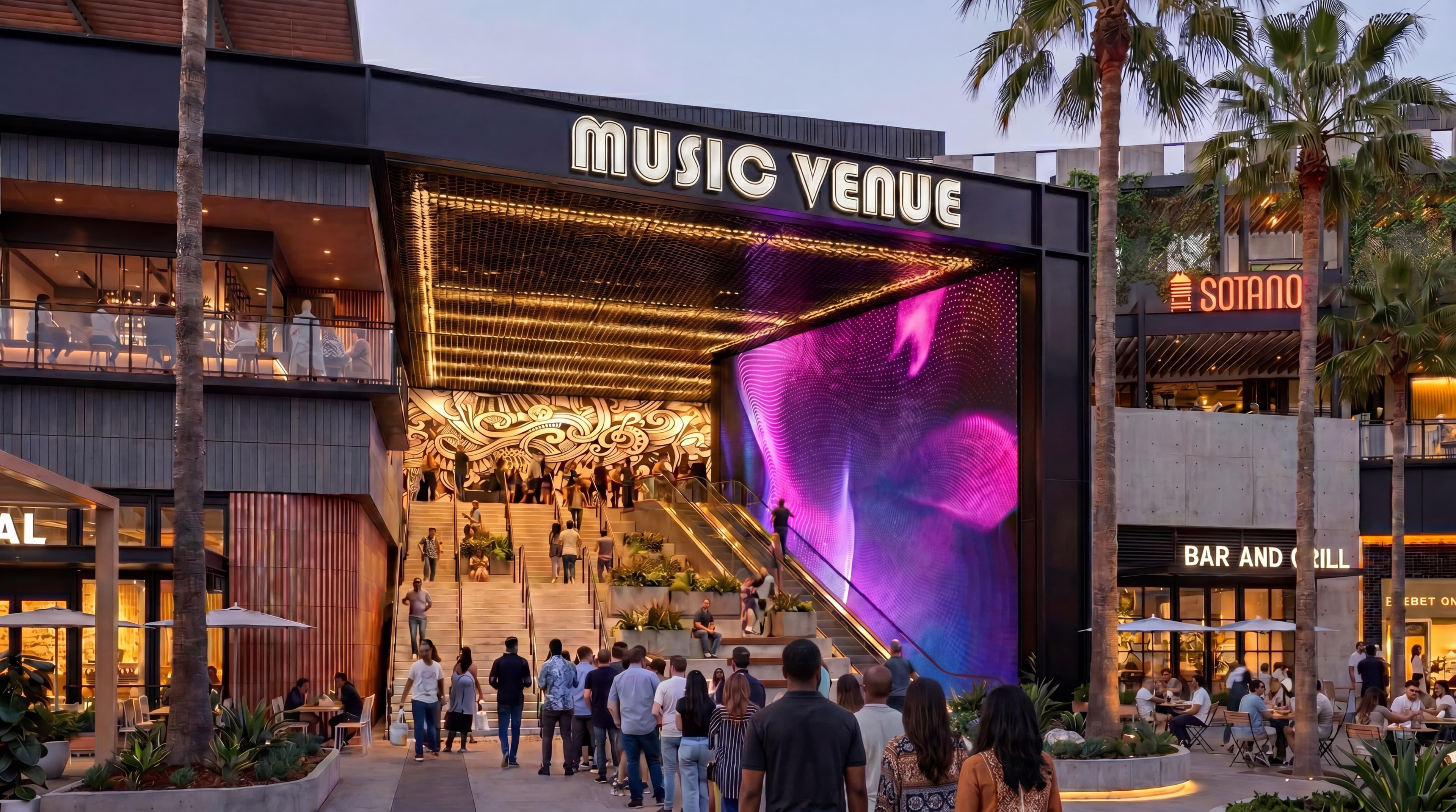 Rendering of large music venue with stairs leading into it with people walking and restaurants around it