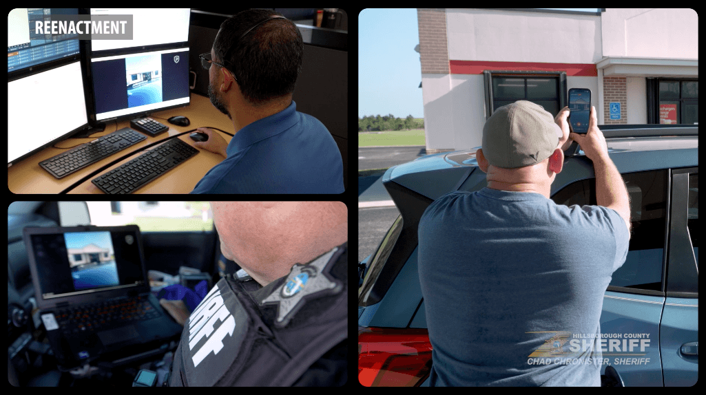Three photos showing a 911 dispatcher, an officer and a person using a phone to record their loation