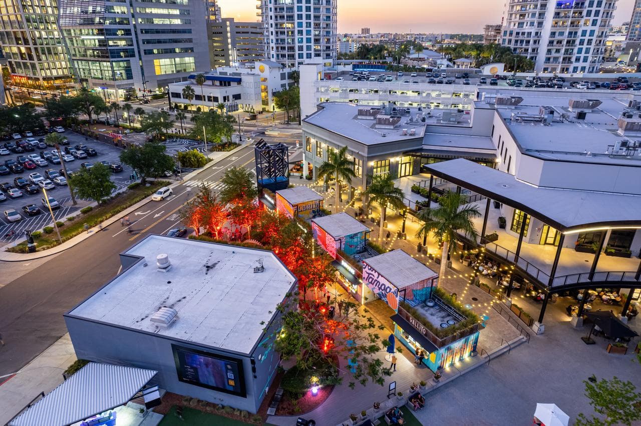 Sky view of Sparkman Wharf with lights
