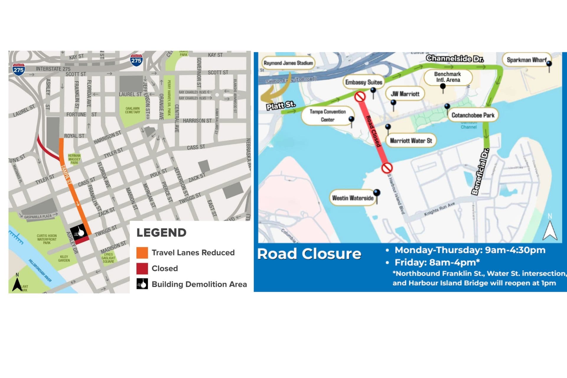 Two maps showing lane closures and lane restrictions