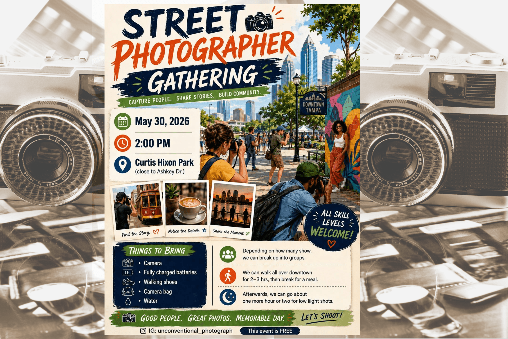 Street photographer gathering flyer in front of two older cameras