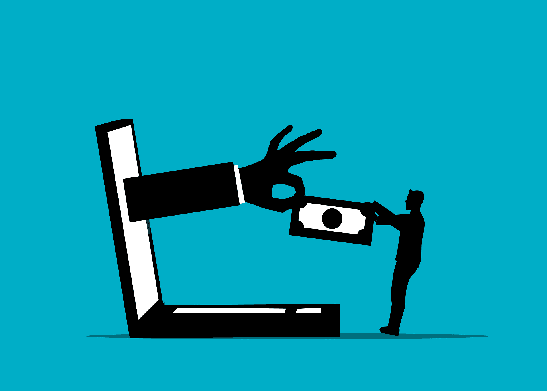 Blue background with a large computer with a hand grabbing money from a person