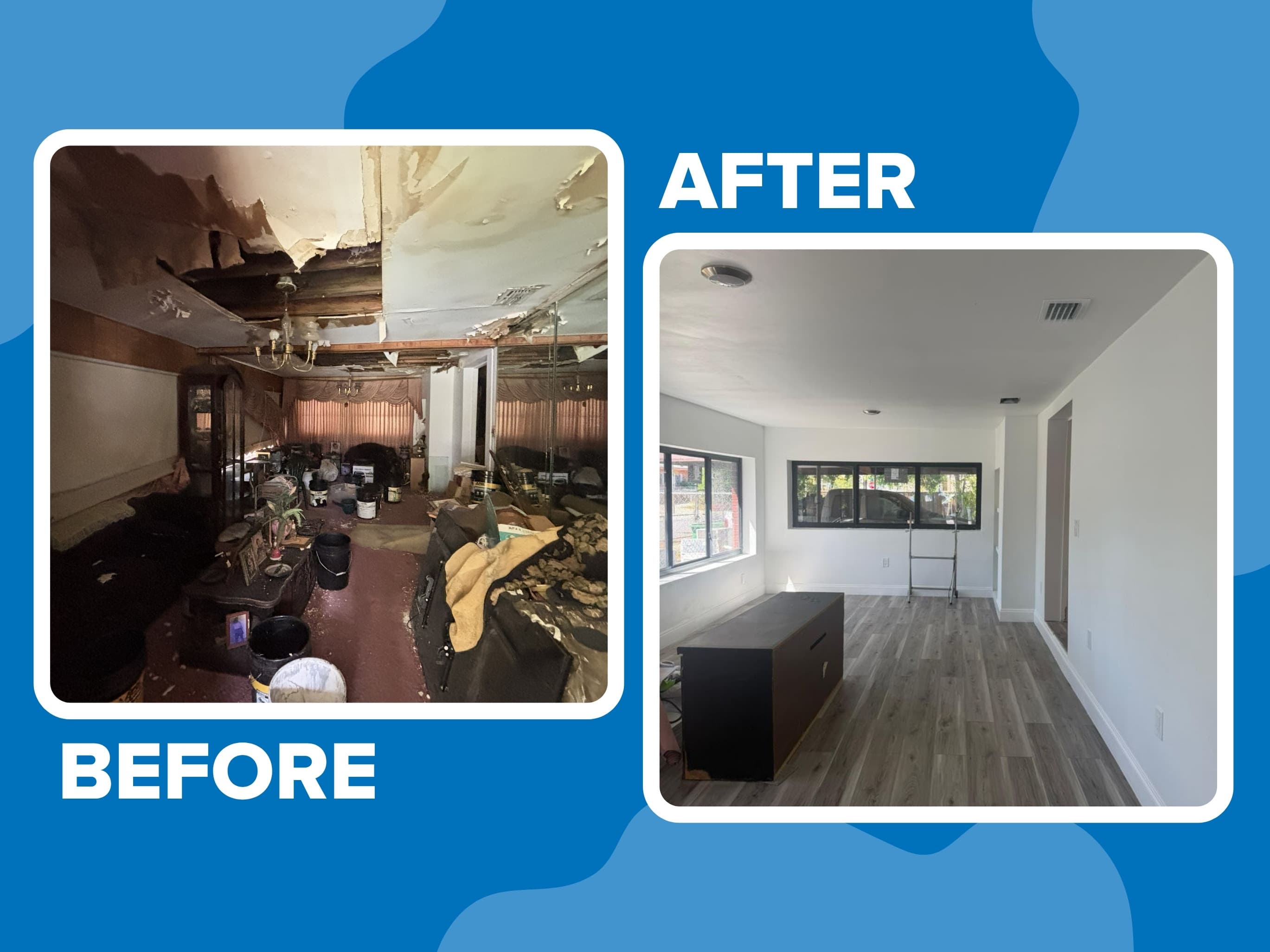 before image shows a very damaged home after shows a modern renovation to same area