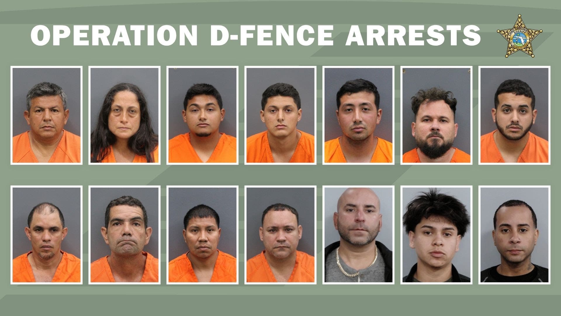 14 boxes of criminals in orange jumpsuits in front of a green background