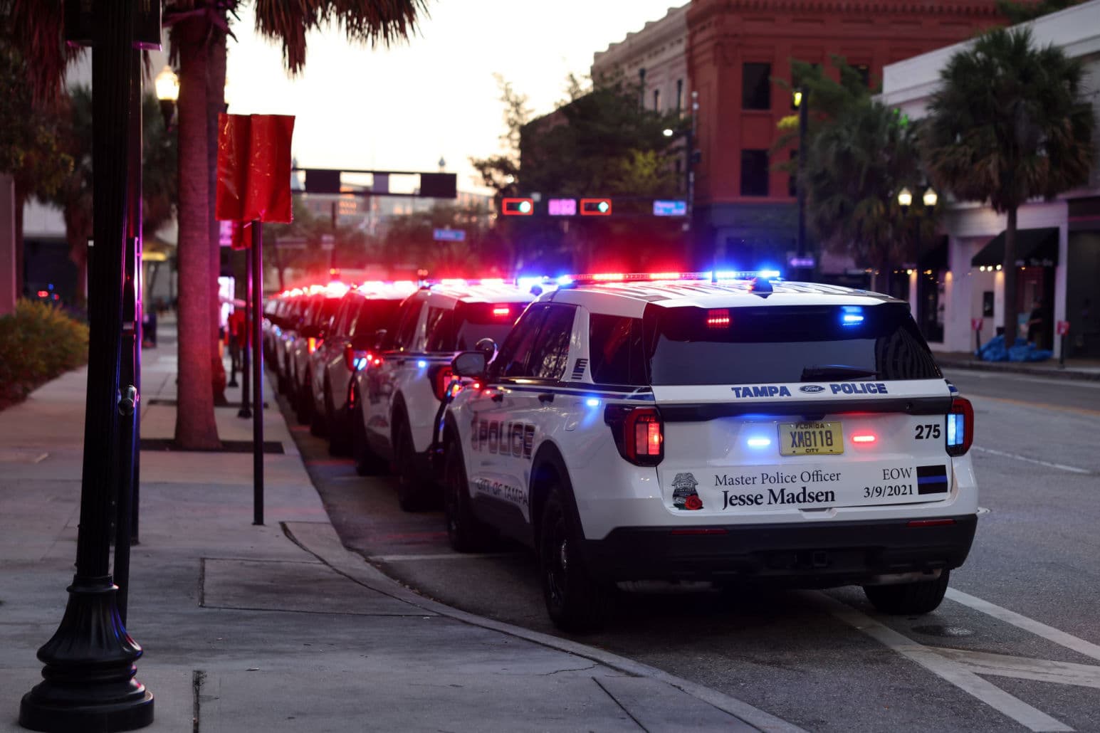 Line of police cars with lights on