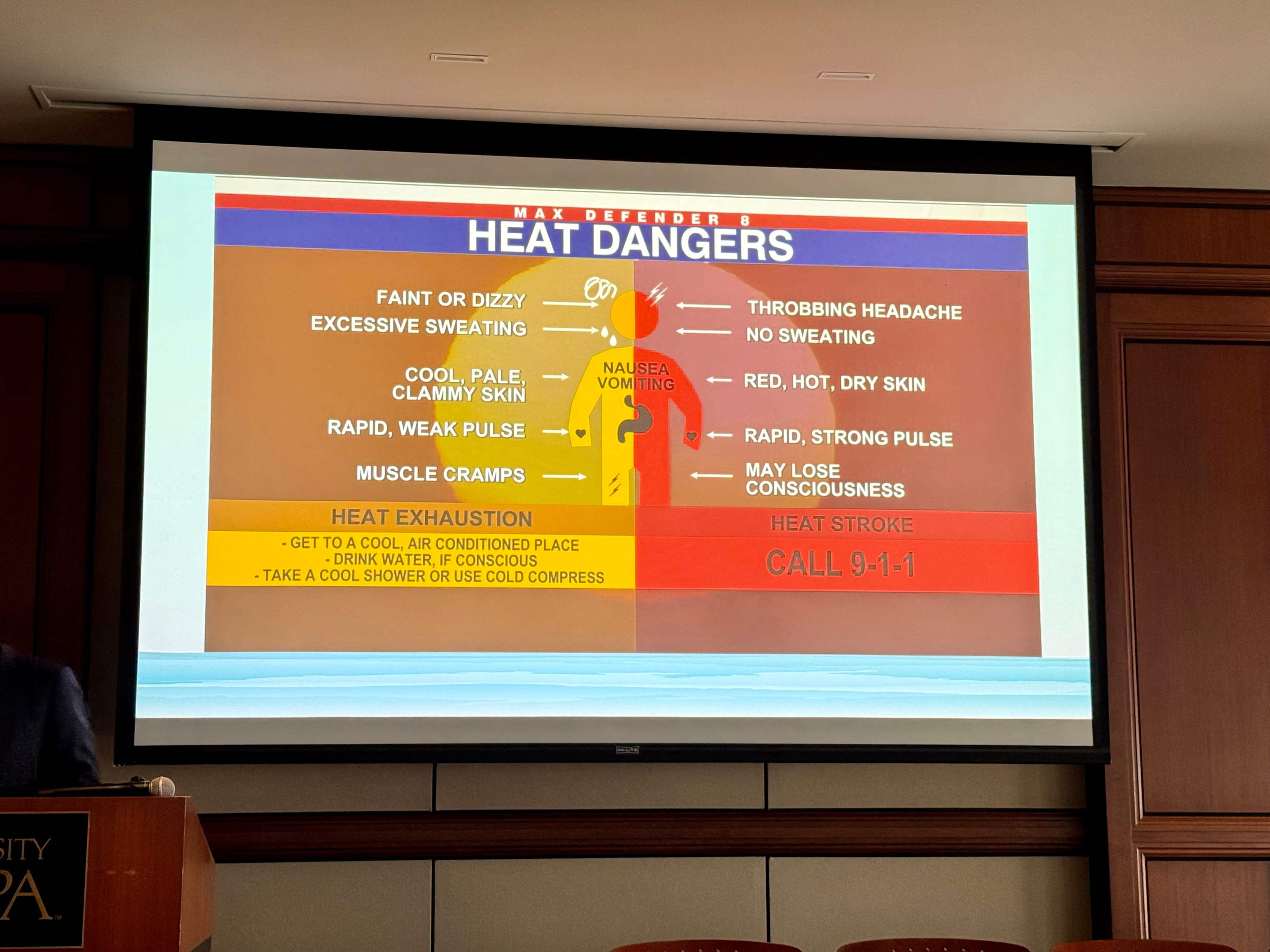 A heat dangers slideshow showing the difference between heat exhaustion in yellow and heat stroke in red