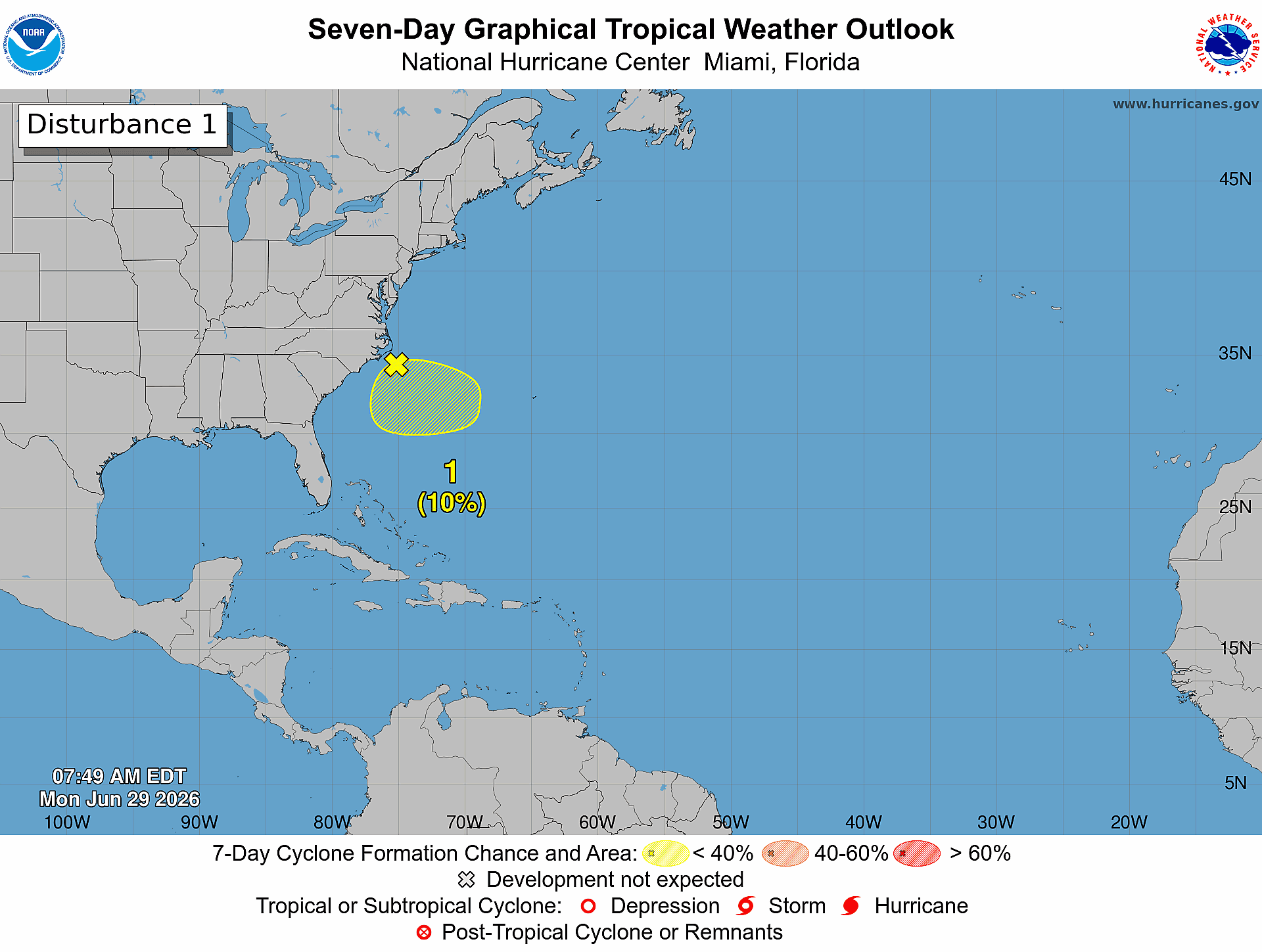 NHC map showing a disturbance in yellow