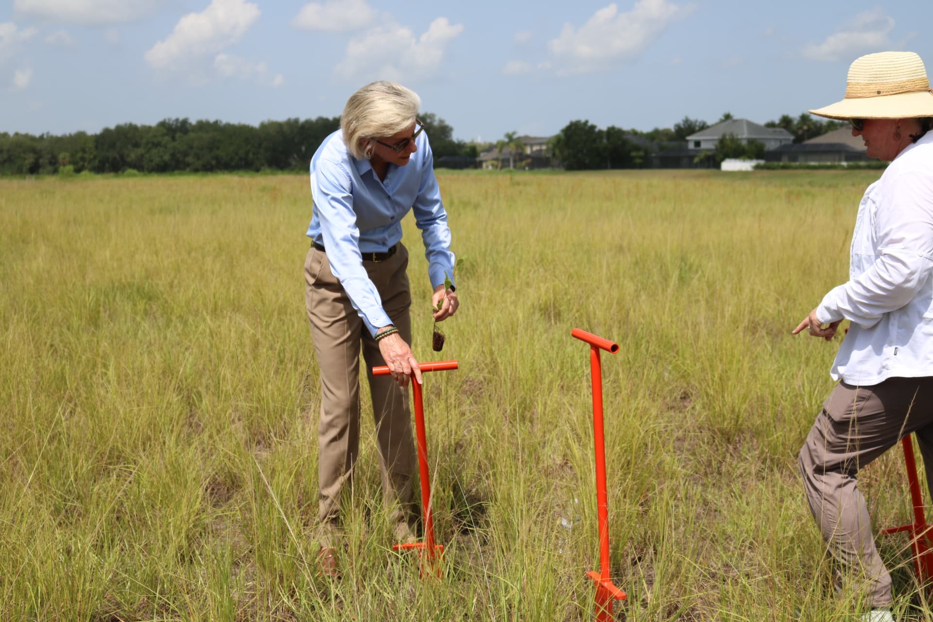 Mayor Jane Castor planting a tree holding orange shovel