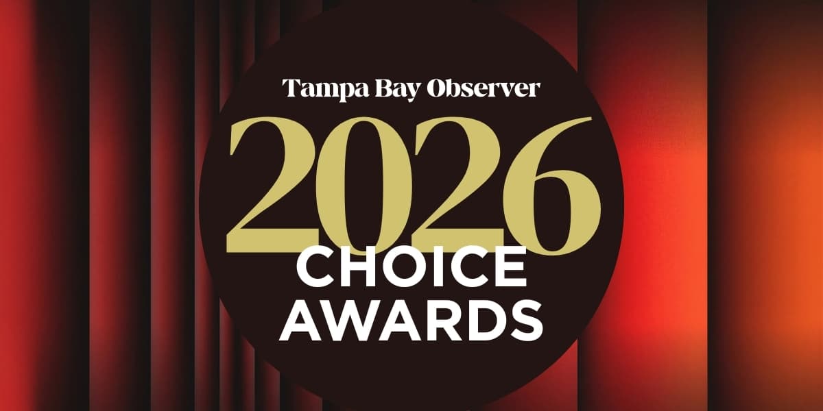 Red curtain in background. In front Tapa Bay Observer 2026 Choice Awards in big letters in a circle