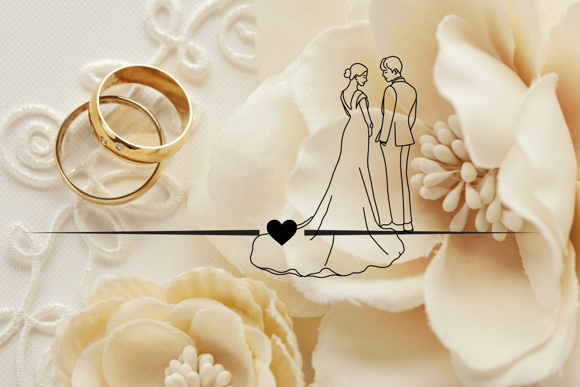 wedding rings and flowers with a couple standing on a heart