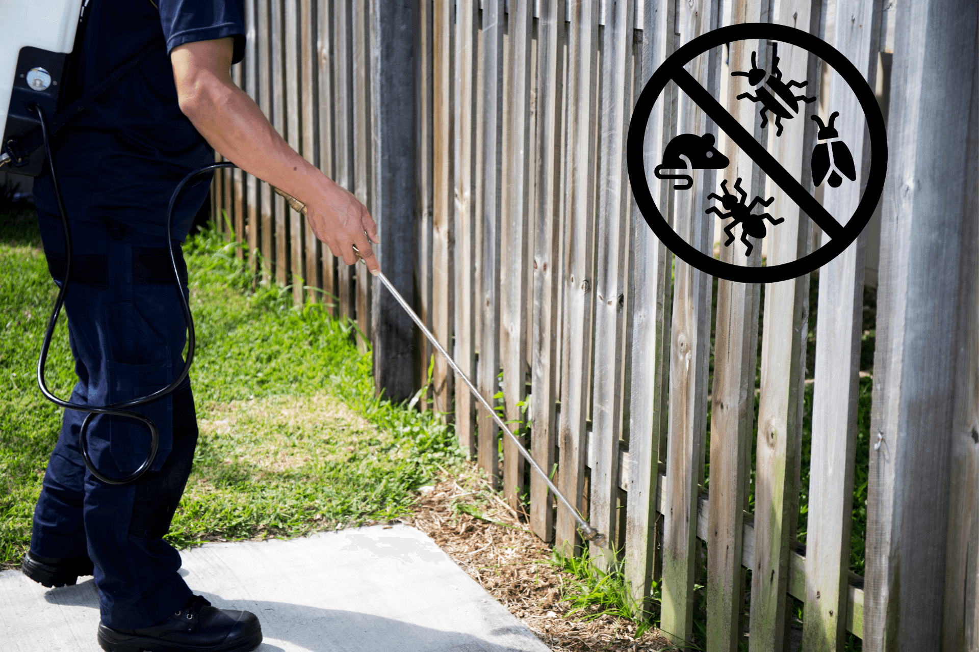 a pest control specialist spraying a fence with pest in a no circle