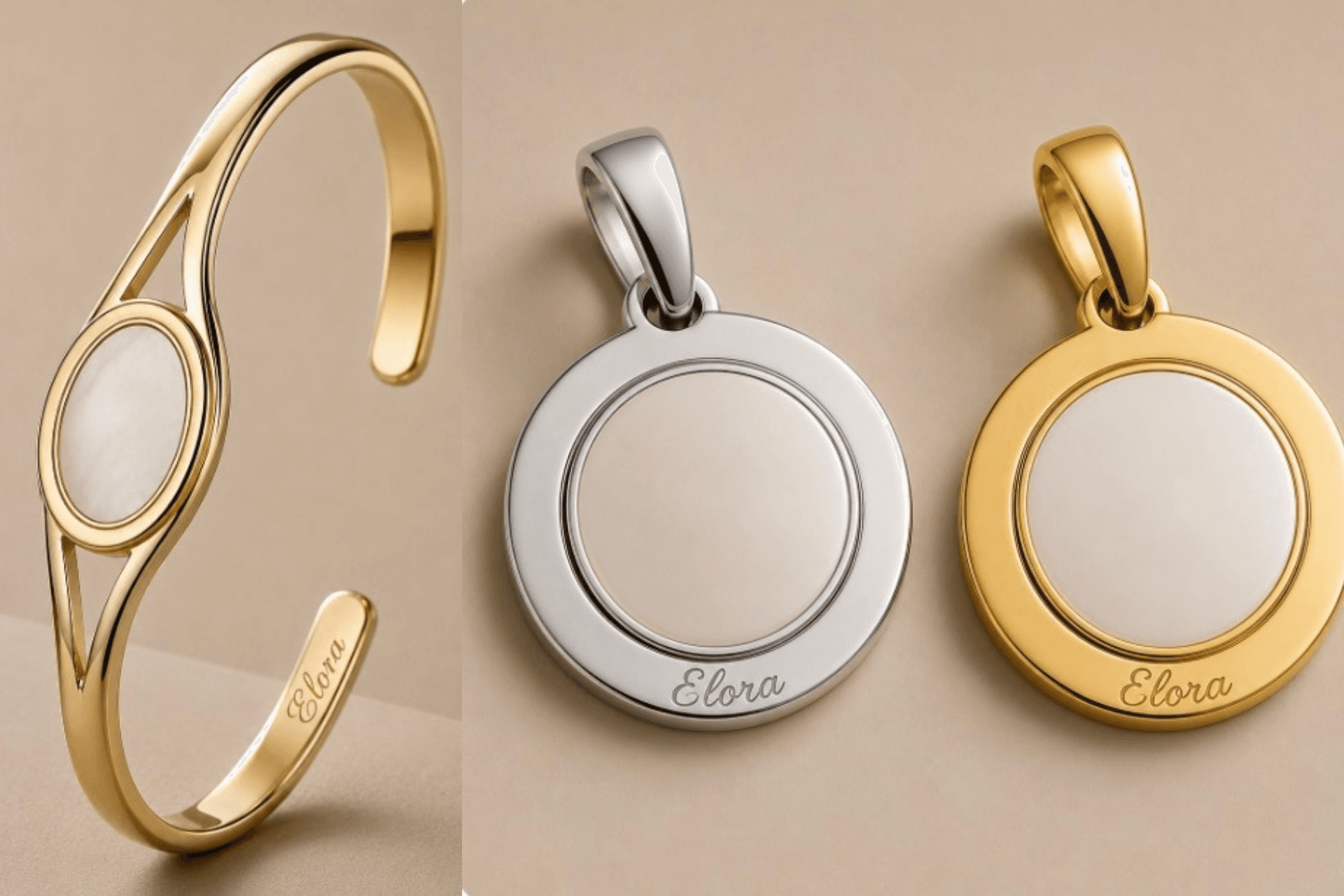 a gold bracelet and a silver and gold bag pendant