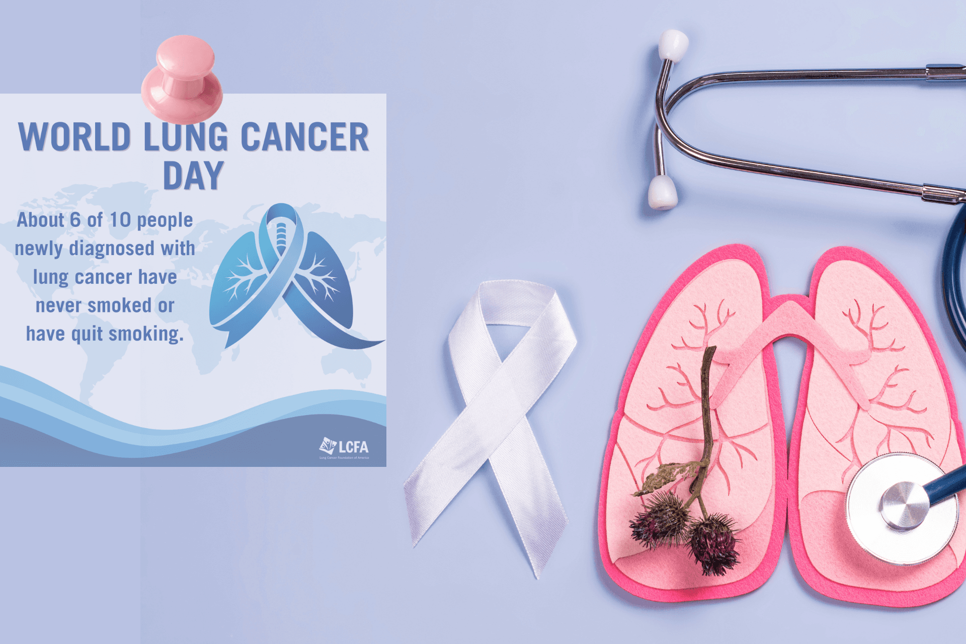 world lung cancer day poster next to a cancer ribbon and lungs