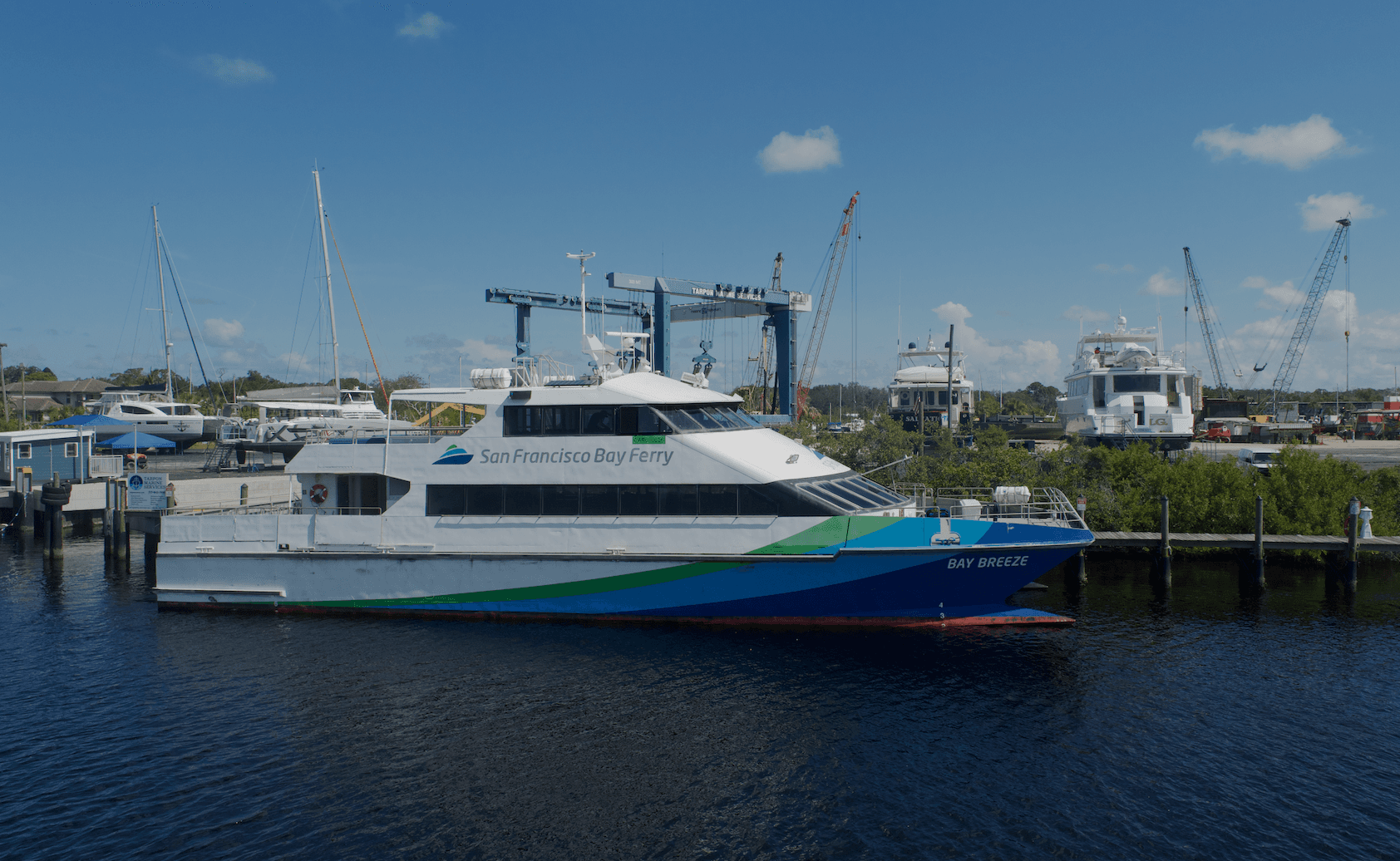 a large ferry in a marina