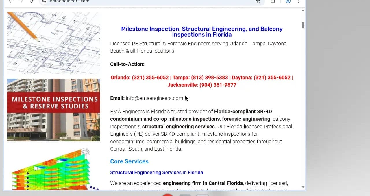 EMA Engineers homepage listing Orlando, Tampa, Daytona and Jacksonville office numbers