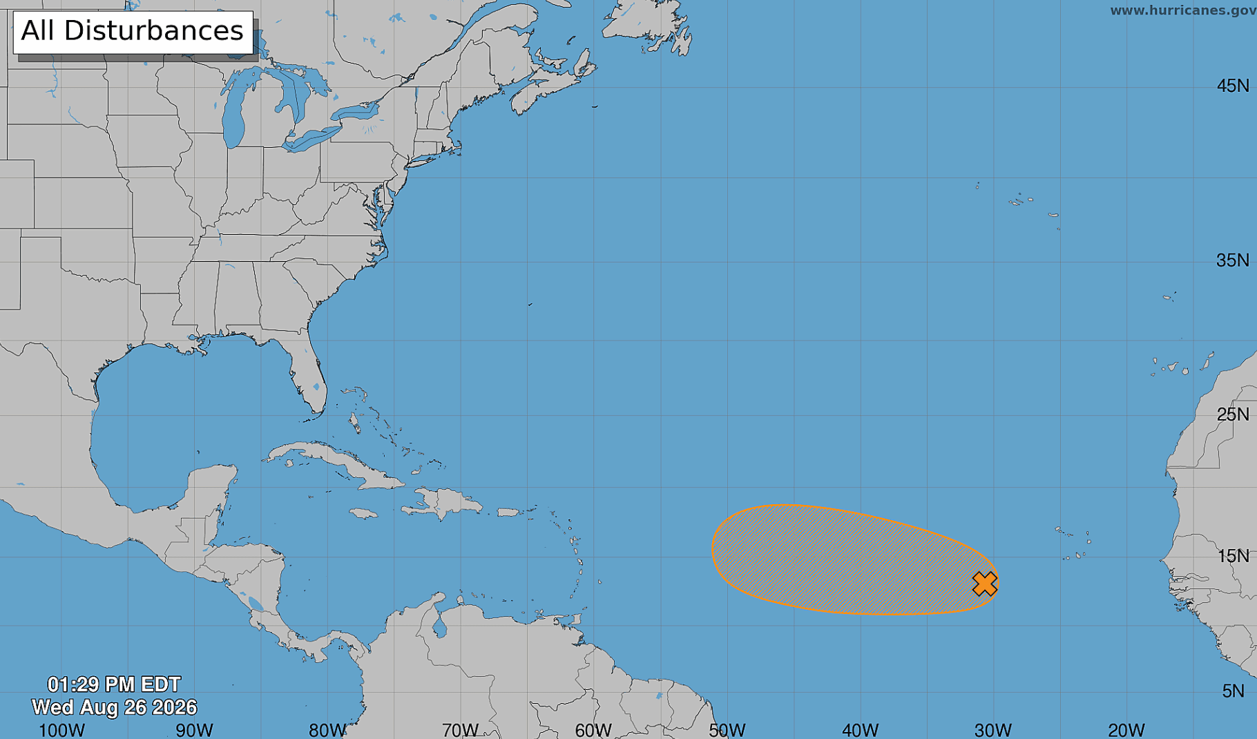 NHC seven-day Atlantic tropical weather outlook, Aug. 26, 2026, showing a disturbance west of the Cabo Verde Islands
