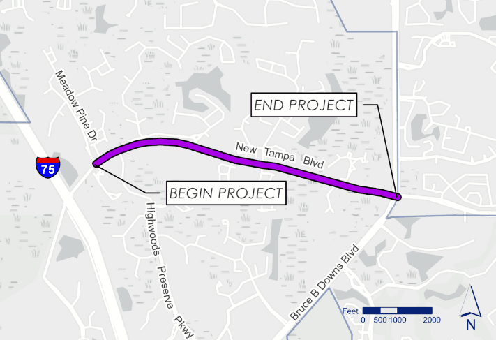 purple line showing the paving project