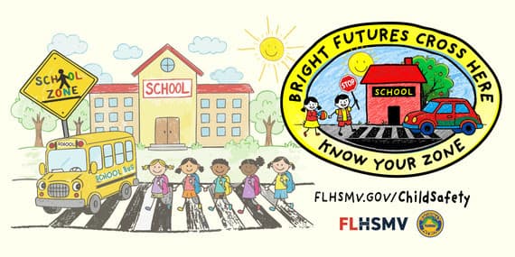 A colorful flyer of kids walking to a school bus