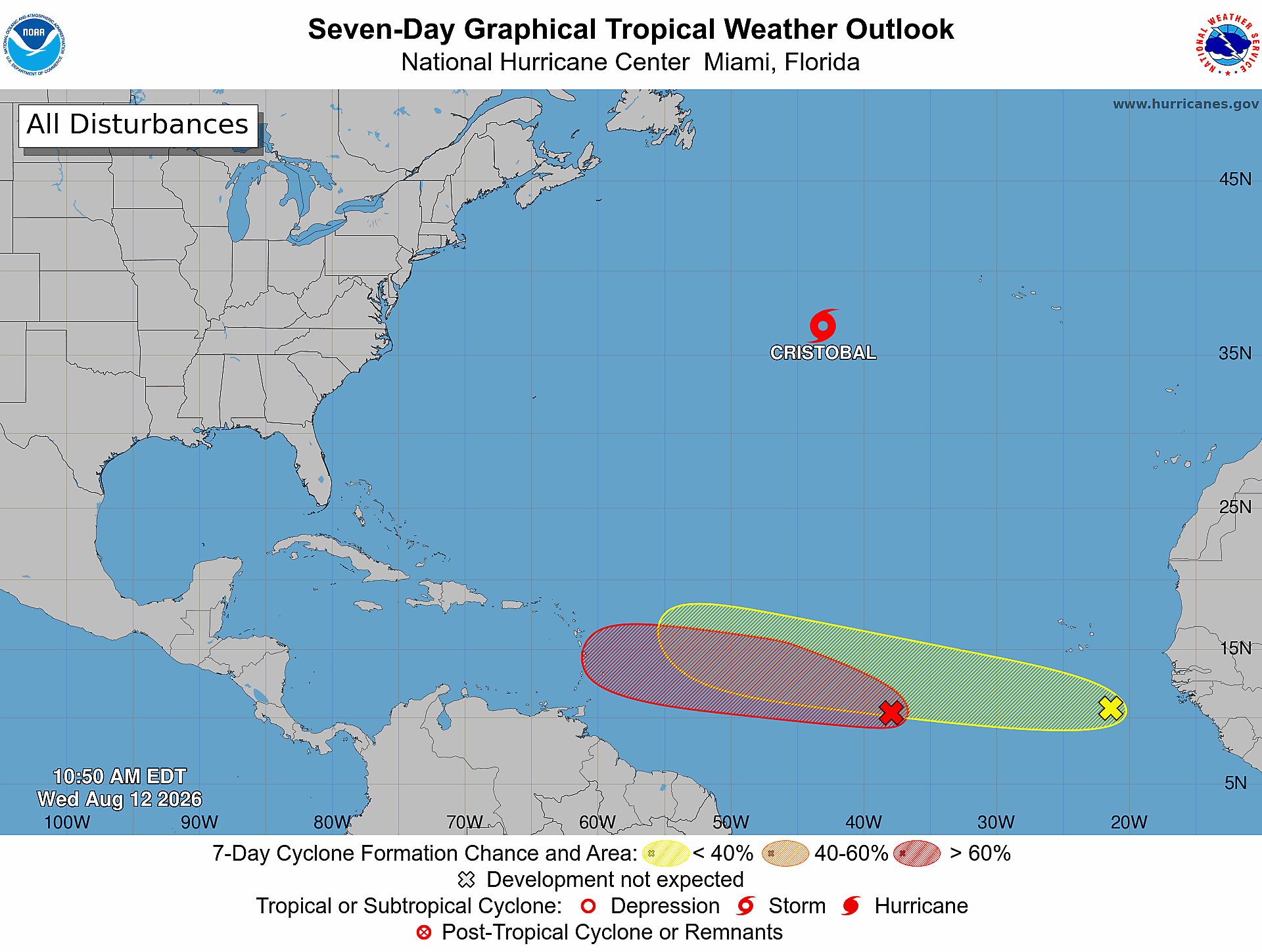 One tropical storm icon and red disturbance and yellow disturbance