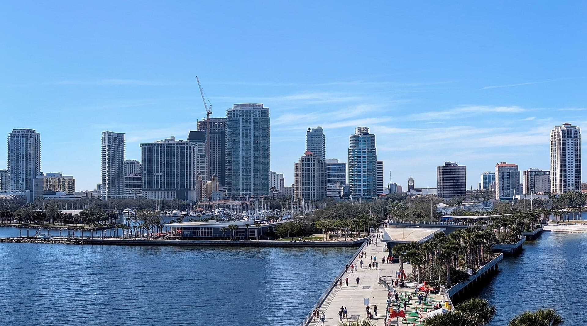 Downtown St. Petersburg skyline and marina seen from the St. Pete Pier on a clear day