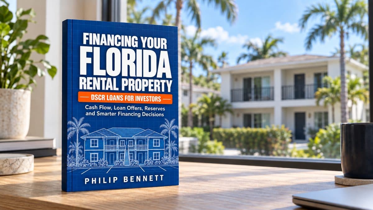 Promotional mockup of Philip Bennett's Financing Your Florida Rental Property book on a desk with a Florida rental property in the background.