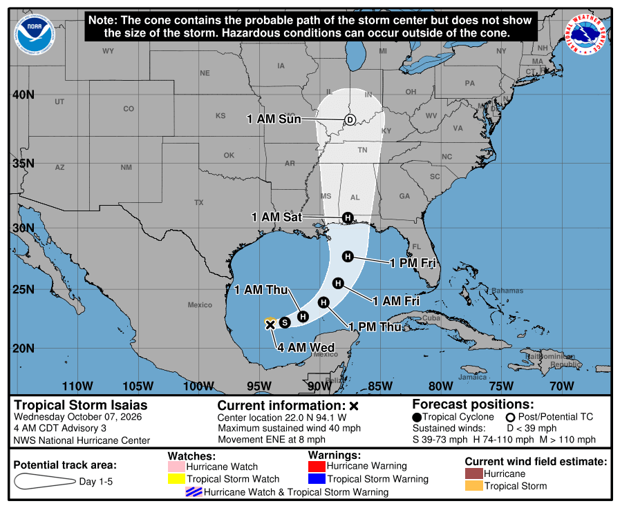 National Hurricane Center five-day forecast cone for Tropical Storm Isaias curving from the southwestern Gulf toward the Alabama and Florida Panhandle coast