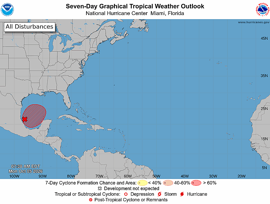 National Hurricane Center seven-day outlook map with a red hatched area in the southwestern Gulf