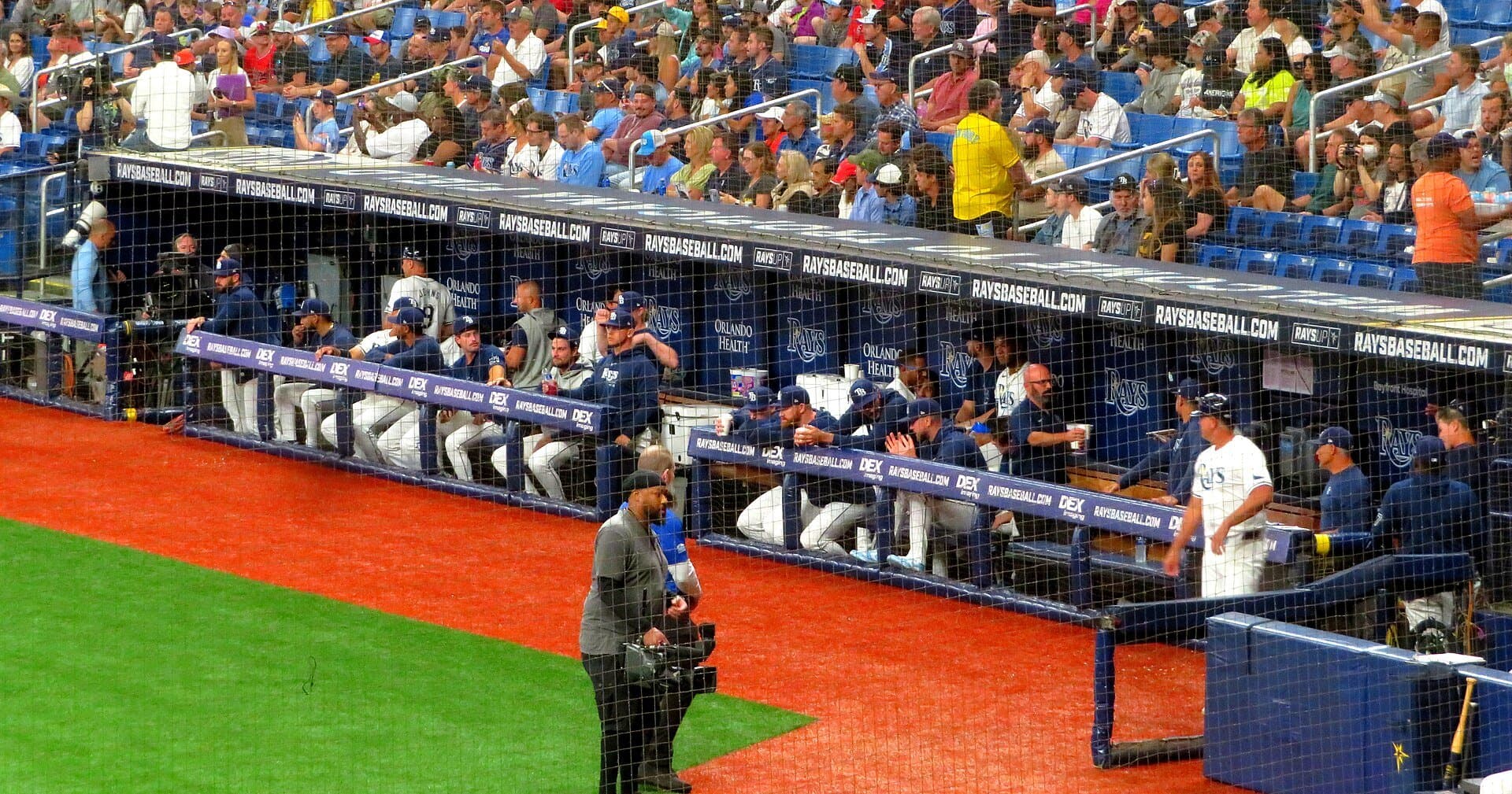 Tampa Bay Rays players and coaches in the home dugout at Tropicana Field as fans watch from the stands